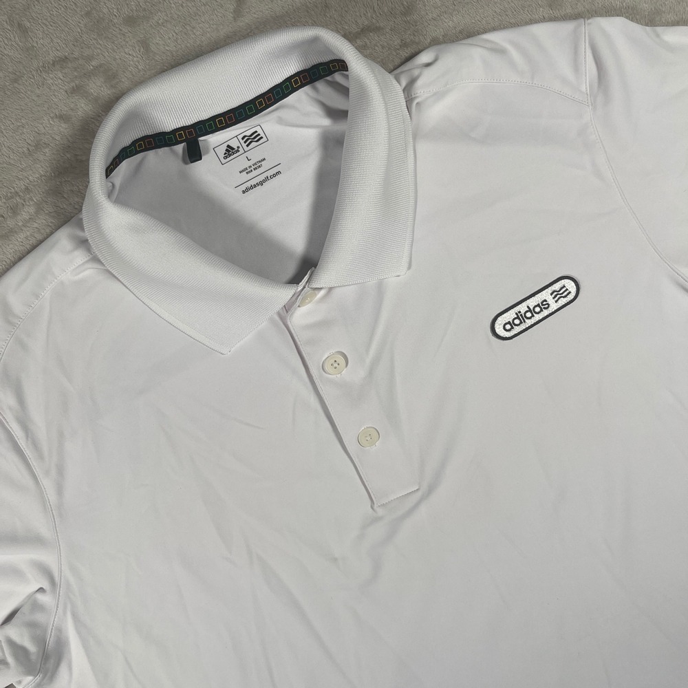 Adidas Golf Polo Shirt Performance Mens Large White Retro Logo Short Sleeve - Picture 1 of 9